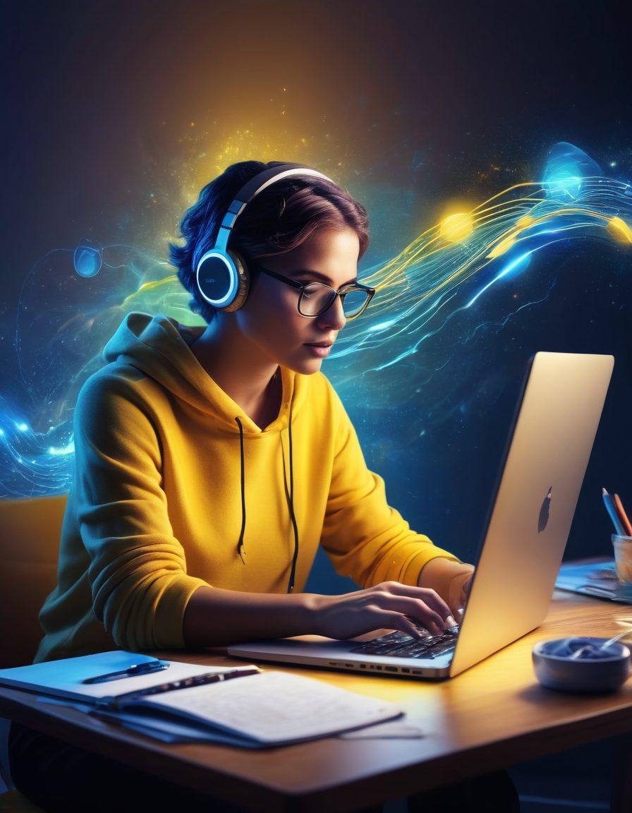 A dynamic illustration of a person sitting at a laptop, effortlessly creating digital content, with vibrant sound waves emanating from the screen, symbolizing the power of voice in blogging. Surrounding the individual are hints of creative elements like light bulbs, notebooks, and digital icons, all contributing to the storytelling theme. The background is a blend of blue and yellow to evoke creativity and inspiration. vibrant colors. 3D.