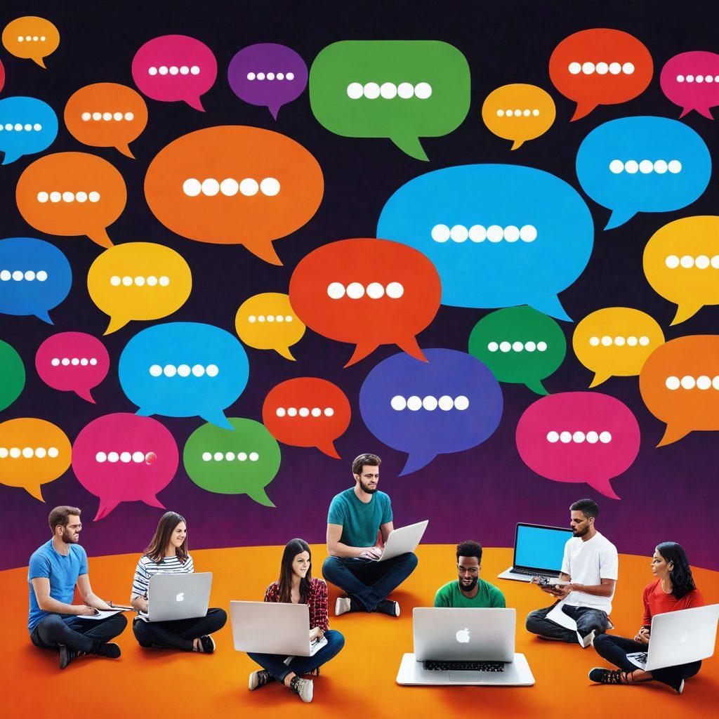 A dynamic digital landscape showcasing a diverse group of people engaging passionately in online discussions, with speech bubbles illustrating key insights and ideas floating around. Incorporate various digital devices like laptops and smartphones that represent content creation and sharing. The background should feature vibrant colors symbolizing connectivity and communication. super-realistic. vibrant colors. modern digital style.