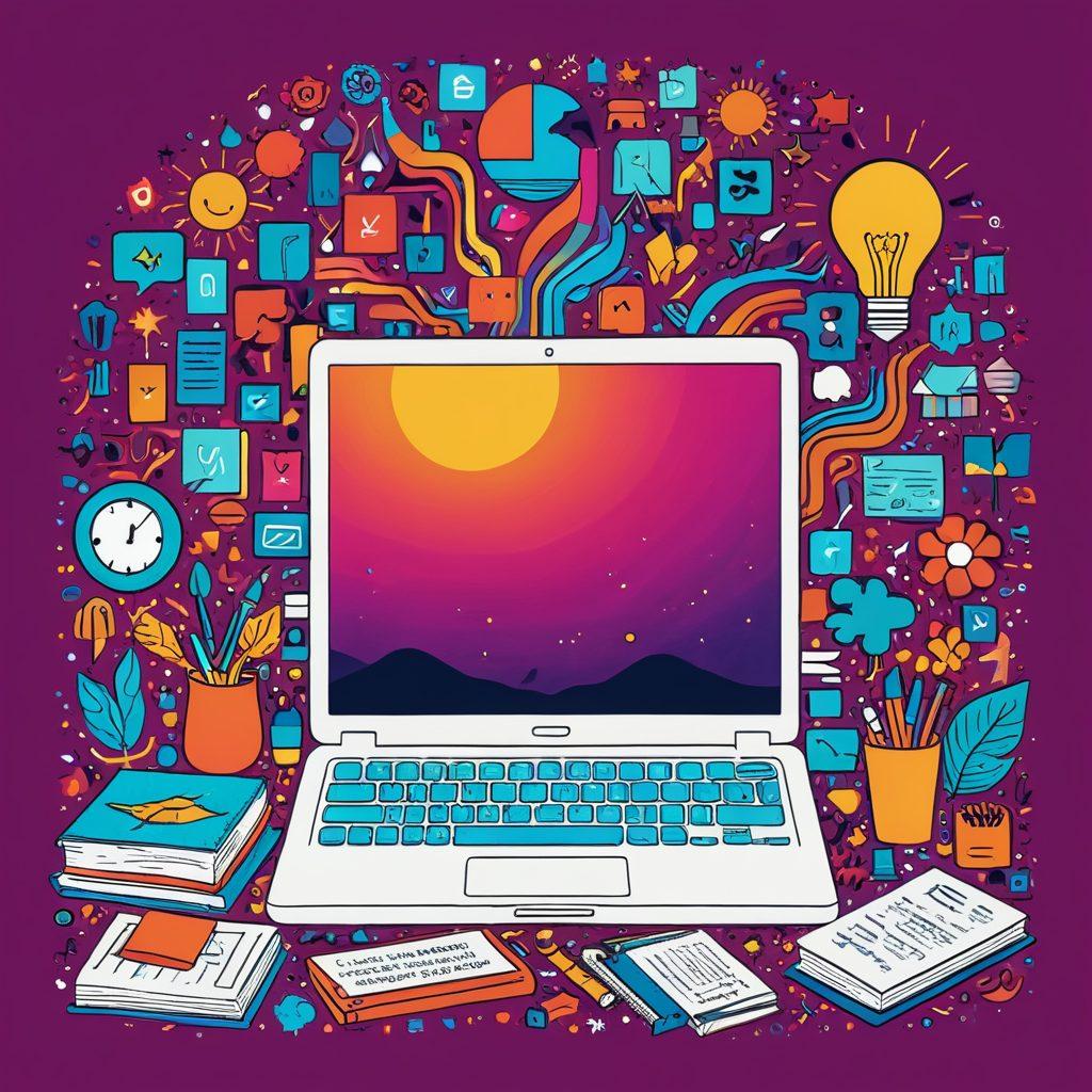 A whimsical illustration of a personal journal transforming into a vibrant digital blog interface, with scattered pages morphing into pixels and coding symbols. Include a cozy writing nook with a laptop, colorful stationery, and creative bursts of ideas represented as bright lightbulbs. The background should blend a tranquil home setting with dynamic digital elements showcasing the fusion of personal reflection and modern technology. vector art. vibrant colors.